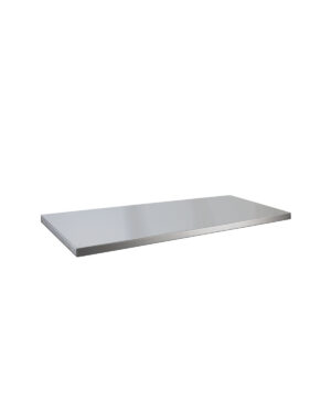 En rak rektangulär Bänkskiva rostfri 142cm PRO SERIES, med en metallisk silverfinish, visas mot en vit bakgrund, vilket framhäver dess släta, reflekterande yta och rena, skarpa kanter.