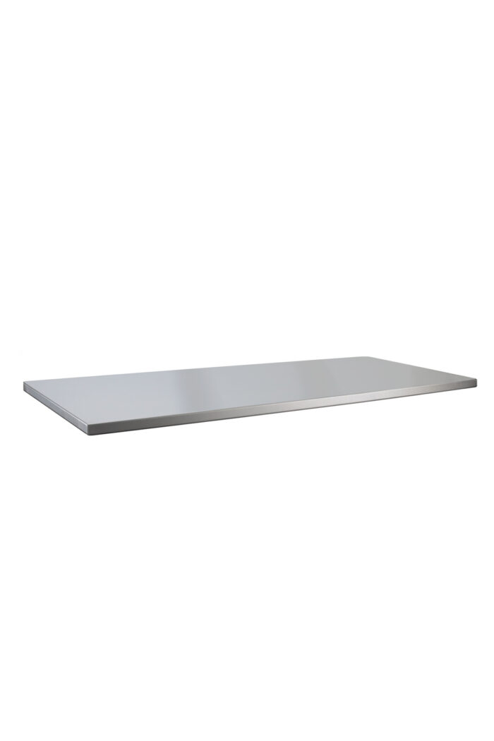 En rak rektangulär Bänkskiva rostfri 213cm PRO SERIES, med en metallisk silverfinish, visas mot en vit bakgrund, vilket framhäver dess släta, reflekterande yta och rena, skarpa kanter.