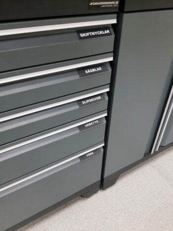 En uppsättning grå verktygslådor märkta på svenska med "Magnetiska etiketthållare" med text: "SKIFTNYCKLAR", "SÅGBLAD", "SLIPSKIVOR", "VERKTYG" och "FÄRG." Skåpet är placerat på ett ljusgrått golv.