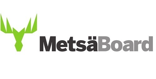 Logotypen för Metsä Board, med en stiliserad grön bild som liknar horn till vänster, med företagsnamnet i svart typsnitt till höger.