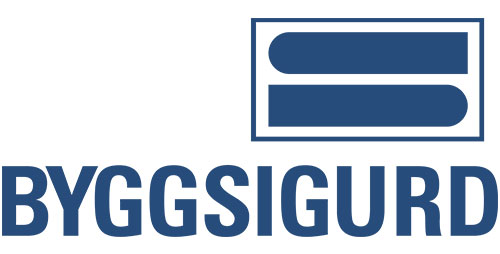 Logotyp med en stiliserad "B"-design i en rektangel ovanför ordet "BYGGSIGURD" i fetblå bokstäver.