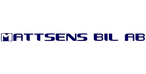 Bilden visar Mattsens Bil AB:s logotyp med texten i fetblå bokstäver på vit bakgrund. Den första bokstaven "M" är stiliserad inom en kvadrat.