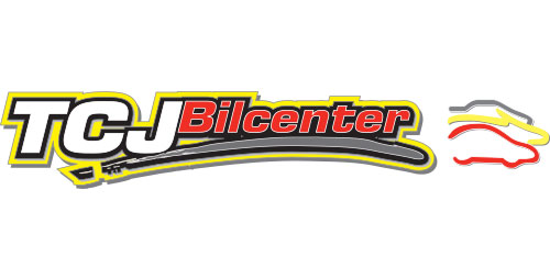 Logotyp som visar "TCJ Bilcenter" i fetstil med en bilsiluettdesign till höger. Texten är svart och röd med en gul kontur, och siluetten är i gult och rött.