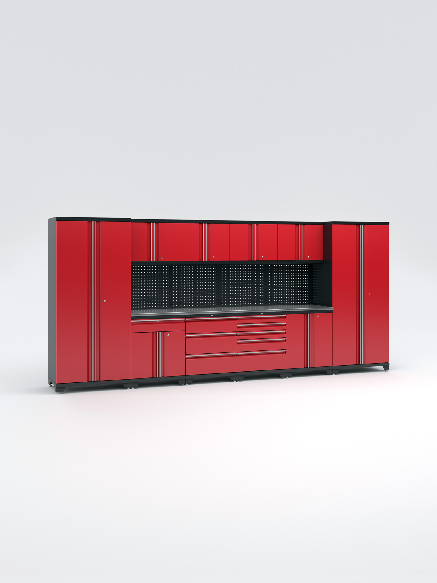 Den eleganta och moderna röda "Garageinredning med 10 delar - set 1, röd, PRO" har flera skåp, lådor och en central perforerad pegboard för att organisera verktyg mot en vanlig bakgrund.