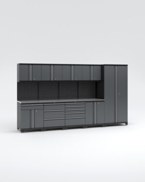 Den snygga, grå "Garageinredning med 9 delar - set 2, grå, PRO" är en modulär förvaringsenhet med skåp, lådor och en perforerad svart baksida för verktyg. Den har en central arbetsyta för att organisera och maximera verkstads- eller garageutrymmet.