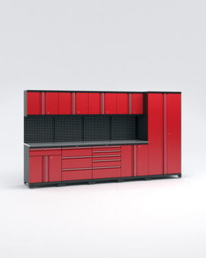 Garageinredning med 9 delar - set 2, röd, PRO" är ett rött och svart modulärt garageförvaringssystem med flera skåp, lådor, hyllor, en övre pinnbräda för verktyg, en nedre arbetsbänksyta och extra förvaring. Set mot en vanlig bakgrund.