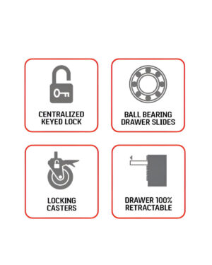Infografik med fyra ikoner för Verktygsvagn med 6 lådor grå, PRO: ett lås märkt 