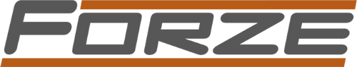 Logotyp med ordet "FORZE" i feta, grå bokstäver. Två horisontella orange linjer är ovanför och under texten.
