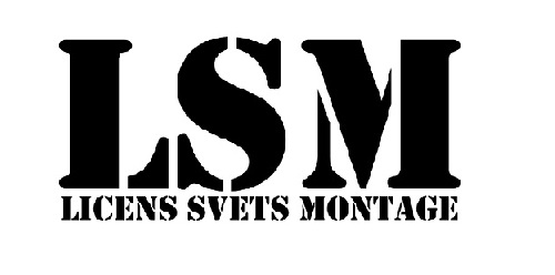 Djärv svart text läser "LSM" i stort teckensnitt, med "LICENS SVETS MONTAGE" i mindre teckensnitt nedan. Texten ställs mot en vit bakgrund.