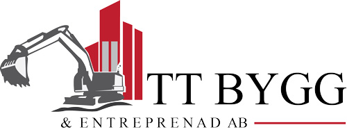 Logotyp för TT Bygg & Entreprenad AB med en stiliserad grå grävmaskin bredvid röda skyskrapor. Texten "TT BYGG & ENTREPRENAD AB" är skriven i svart, med horisontella röda linjer över och under "ENTREPRENAD AB.