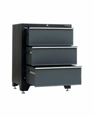 Verktygsskåp med 3 lådor grå, CLASSIC är en elegant och modern verktygslåda i svart och grå metall med tre öppna lådor med silverhandtag. Den står på justerbara fötter med ett litet lås på den översta lådan.