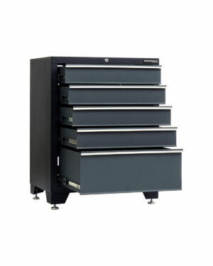 Verktygsskåp med 5 lådor grå, CLASSIC är en grå verktygslåda i metall med fem delvis öppna lådor, med en minimalistisk design. Den står på justerbara ben, har ett topplås och silverhandtag för en elegant, modern look.