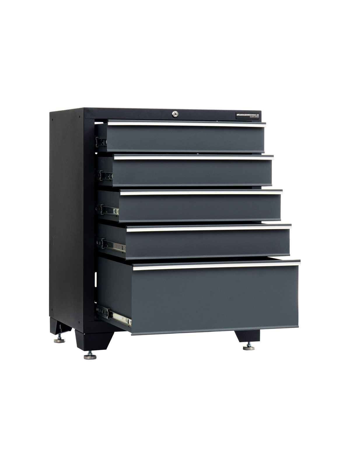 Verktygsskåp med 5 lådor grå, CLASSIC är en grå verktygslåda i metall med fem delvis öppna lådor, med en minimalistisk design. Den står på justerbara ben, har ett topplås och silverhandtag för en elegant, modern look.