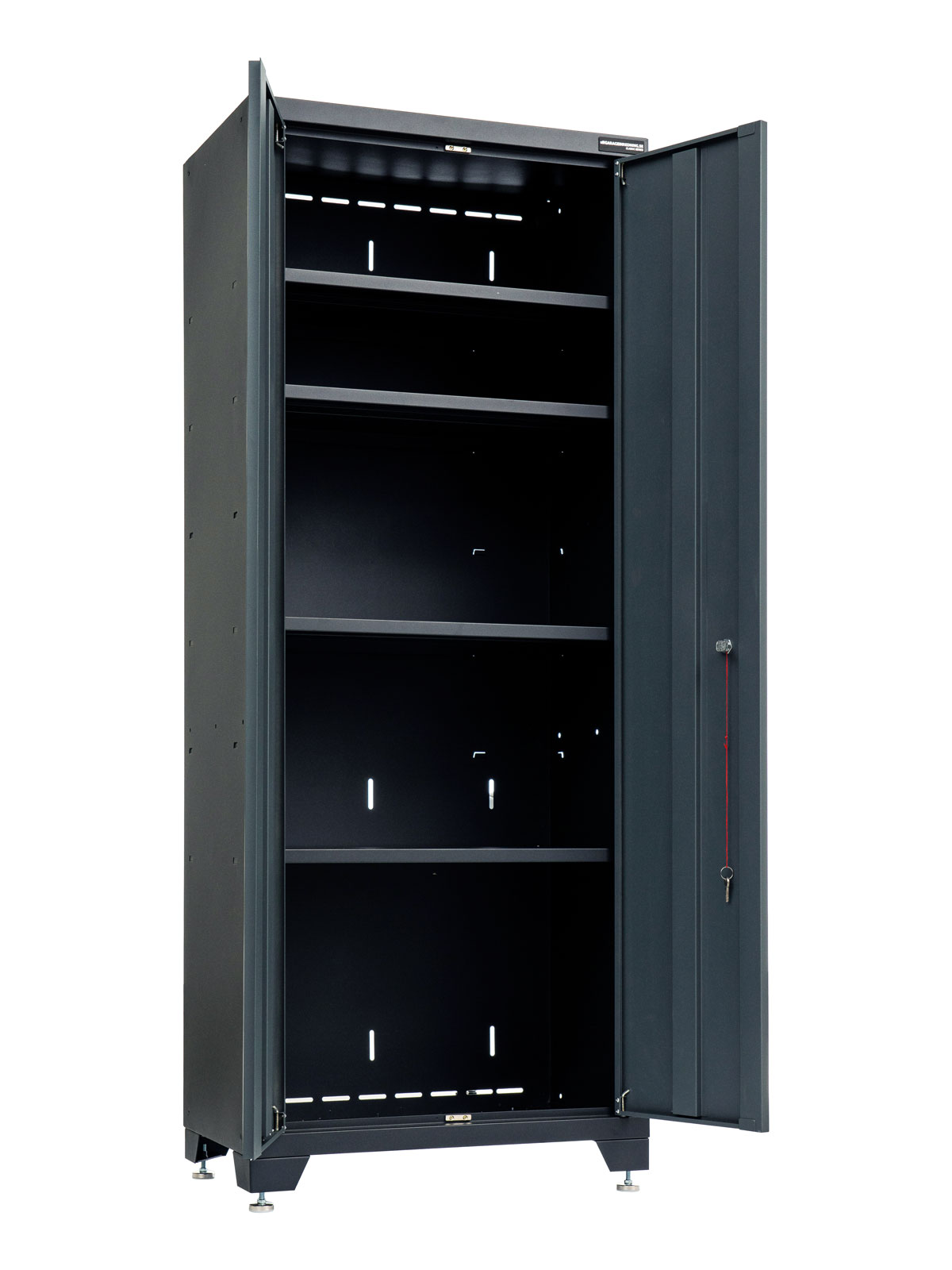 Förvaringsskåp högskåp grå, CLASSIC är ett högskåp med fyra hyllplan och en öppen lucka som visar justerbara hylllägen. Den har en tom inredning och står på små justerbara fötter.