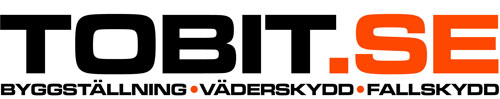 Logotyp med texten "TOBIT.SE" i stort svart och orange typsnitt. Nedan står mindre text "BYGGSTÄLLNING • VÄDERSKYDD • FALLSKYDD" i svart.