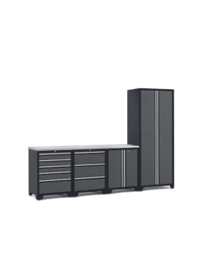 Garageinredning med fyra gråa skåp