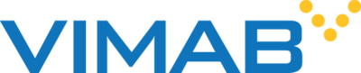 Logotyp med texten "VIMAB" i blått, åtföljd av fem gula prickar som bildar en V-form ovanför bokstäverna. Bakgrunden är vit.
