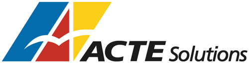 Logotyp för ACTE Solutions med stiliserade röda, blå och gula former som bildar en dynamisk design till vänster. "ACTE Solutions" är skrivet med feta svarta bokstäver till höger.