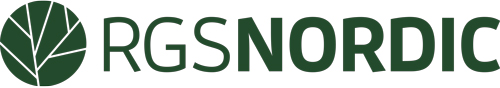 Logotyp för RGS Nordic med en grön cirkel med ett stiliserat lövmönster till vänster och texten "RGS NORDIC" med gröna versaler till höger.