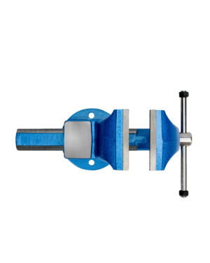 En vy ovanifrån av Skruvstäd BAHCO 6072, ett blått bänkskruvstycke i metall med två silverbackar och ett roterande handtag. 100 mm, 6 kg skruvstäd är isolerad på en vit bakgrund och visar dess olika komponenter som skruvmekanismen och monteringsbasen.