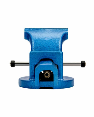 Skruvstäd BAHCO 6072 100mm 6kg, ett blått metallskruvstäd, visas mot en vit bakgrund. Den visas framifrån med två synliga handtag på varje sida.