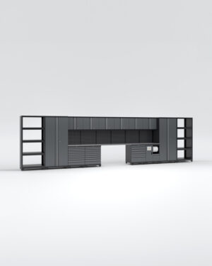 En modern, industriell förvaringsenhet, "Garageinredning med 14 delar - set 2, grå, PRO" har en elegant grå design med flera stängda skåp och öppna hyllor mot en vanlig vit bakgrund.