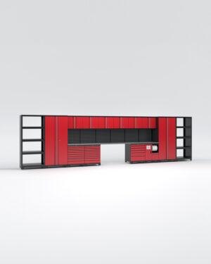 Garageinredning med 14 delar - set 2, röd, PRO" har en elegant design med svarta hyllor och livfulla röda skåp mot en vit bakgrund. Den innehåller flera fack för organiserad förvaring och ett centralt pegboardområde.