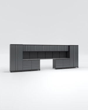 Garageinredning med 12 delar - set 1, grå, PRO har snygga mörkgrå skåp med högskåp, överskåp, flera lådor och en central arbetsbänk symmetriskt anordnad mot en vanlig vit bakgrund för en modern garageförvaringslösning.