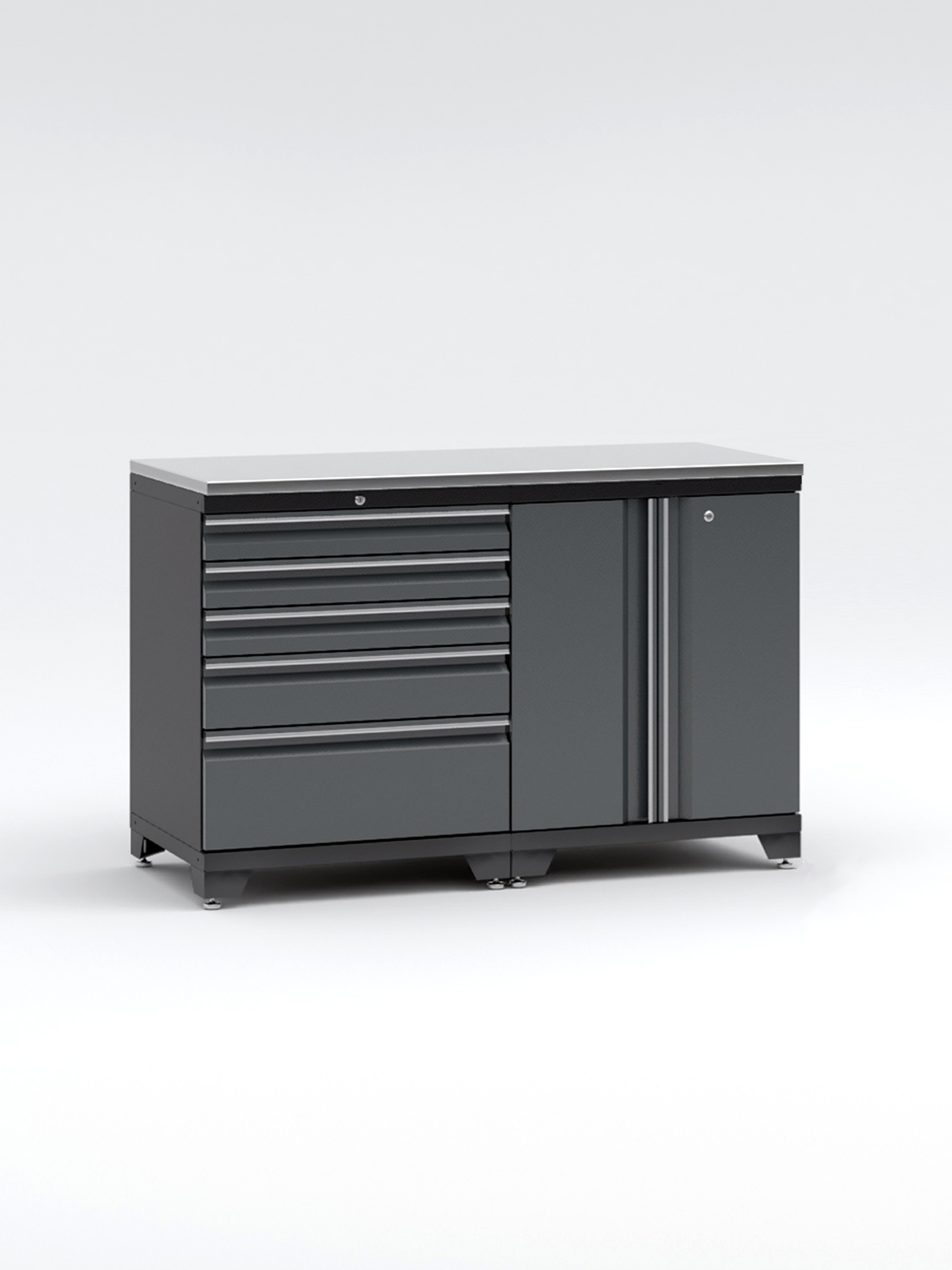 Garageinredning med 2 delar – set 1, grå, PRO har ett snyggt verktygsskåp i metall med fem lådor till vänster och ett tvådörrarsskåp till höger. Den visas mot en vanlig vit bakgrund.