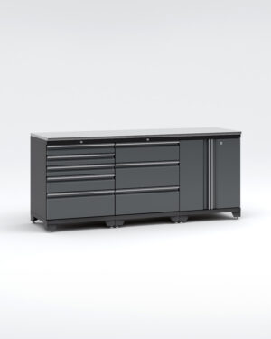 En stor, mörkgrå Garageinredning i metall med 3 delar - set 1, grå, PRO med flera lådor och ett skåp till höger är inställd mot en vanlig vit bakgrund, vilket framhäver dess eleganta och moderna design.