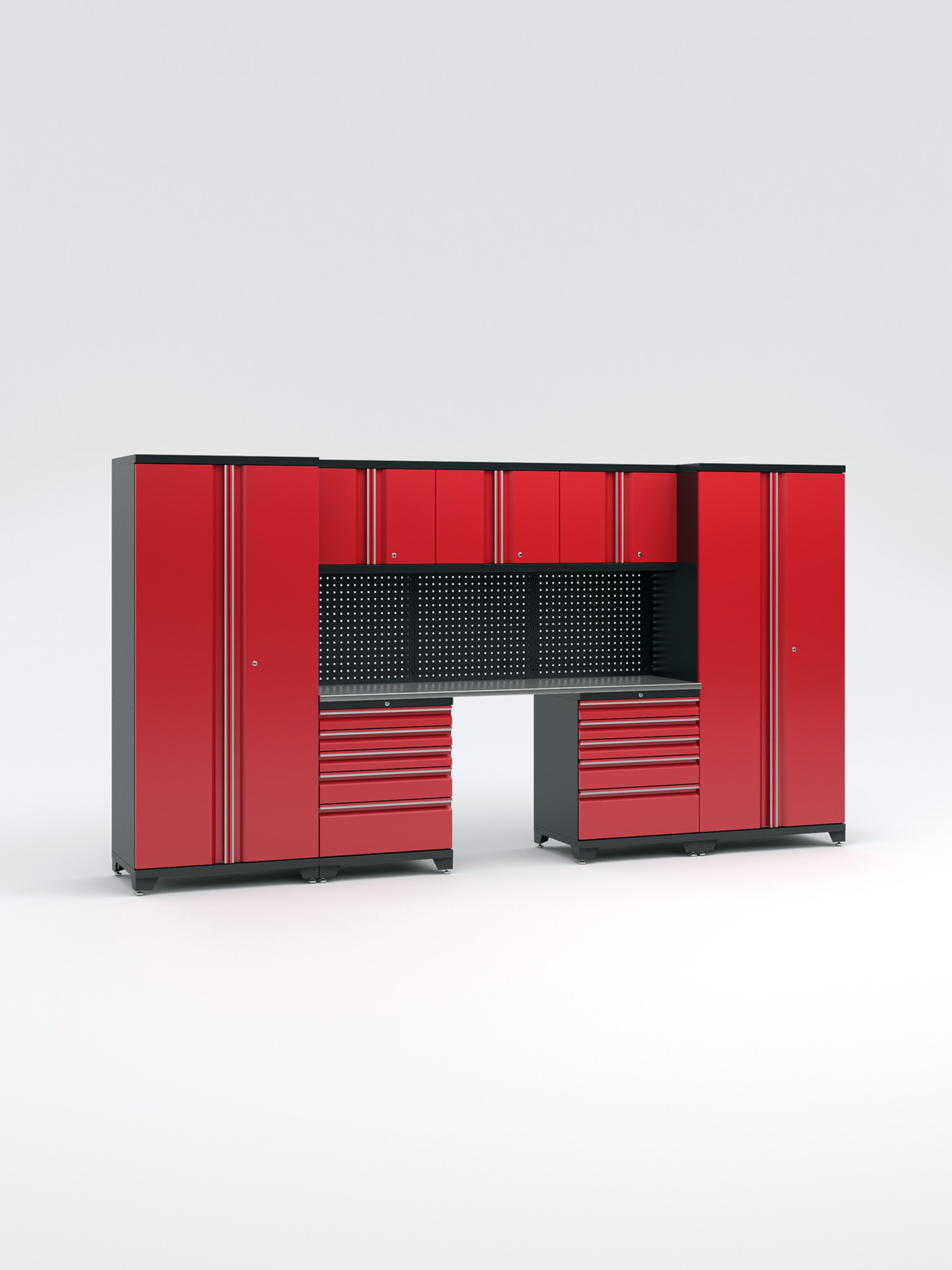 Garageinredning med 7 delar - set 2, röd, PRO" är en röd och svart modulär garageförvaring med flera skåp och lådor, med en central arbetsyta inklusive en pinnbräda för verktyg. Den visas mot en vanlig vit bakgrund.