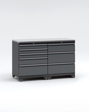 Den grå verktygslådan "Garageinredning med 2 delar – set 2, grå, PRO" har två pelare med fem lådor vardera mot vit bakgrund, med nyckelhål i de översta lådorna för låsning.