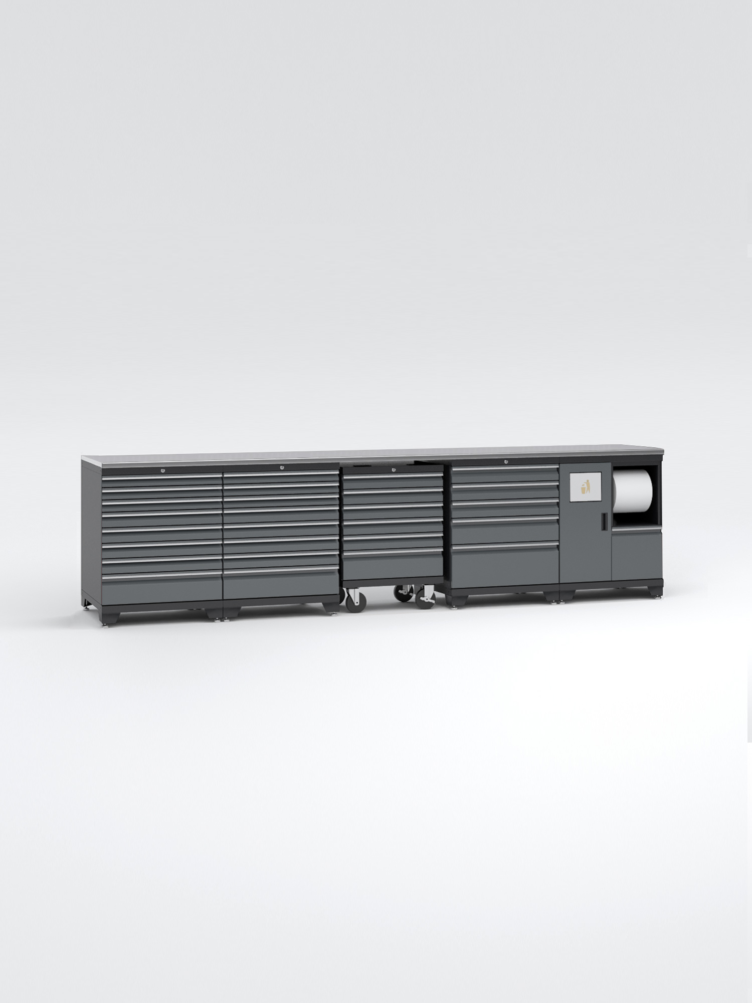 Garageinredning med 5 delar – set 3, grå, PRO" är ett långt, svart verktygsskåp med lådor i flera storlekar på hjul. Den innehåller en pappershanddukshållare på höger sida och visas mot en vanlig vit bakgrund.