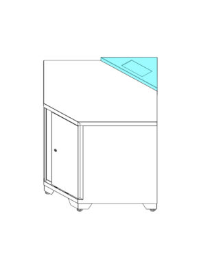 En 3D-illustration av Hörnmodul med eluttag PRO SERIES skåp, med en dörr och små fötter. Den övre ytan har en turkos rektangulär sektion på ena sidan, medan resten av skåpet är övervägande vit med enkla, rena linjer.