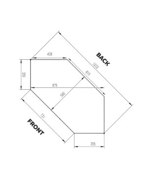 Linjeritning av Väggskåp hörn grå, PRO med mått: frambredd 731, ryggbredd 1232, höjd 556, och djup från 436 fram till 355 bak. Vinklade sidor visar ytterligare mått på 875, 870 och 560. Måtten är tydligt indikerade med pilar och etiketter.