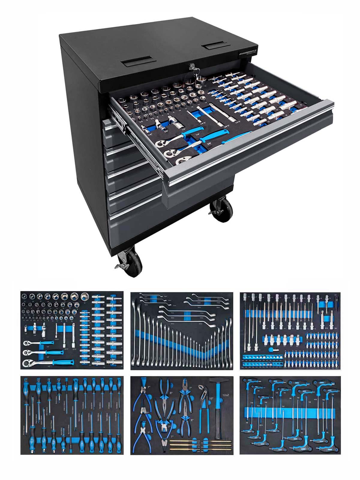 Verktygsvagn med 6 lådor i grå färg tillsammans med en verktygssats innehållande 273 delar verktyg
