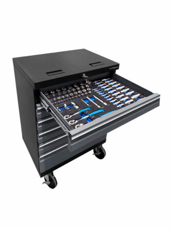 Verktygsvagn med 6 lådor i grå färg tillsammans med verktyg i utdragen låda