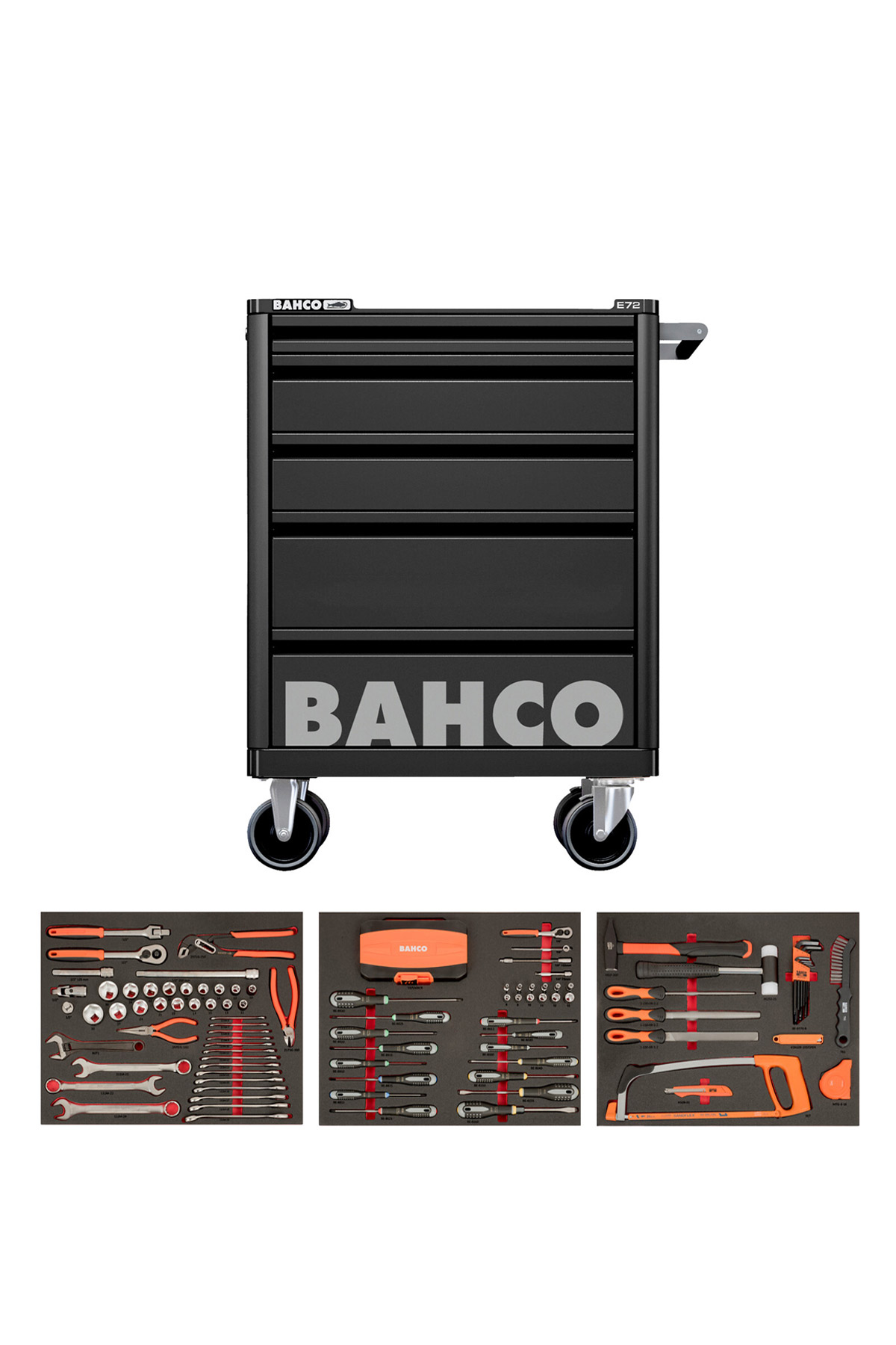 Verktygsvagn E72 med 5 lådor svart + 140 delar verktyg, BAHCO