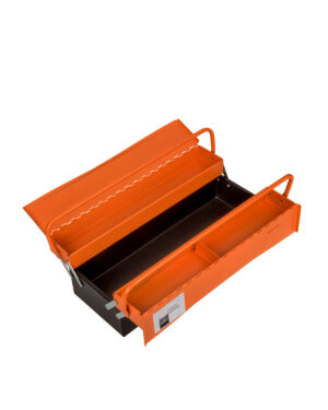Verktygslåda 3-facks stålplåt Bahco 1497MBF350 är en öppen, orange och svart metallverktygslåda med ett övre handtag. Designad med fack för organisation, den är perfekt för förvaring och transport av olika verktyg. Locket är öppet för att visa upp det inre utrymmet.