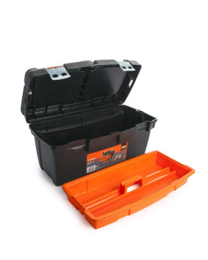 En svart plast Verktygslåda i plast Bahco 4750PTB60 med öppet lock och metallspärrar. Inuti finns en avtagbar orange bricka med ett handtag.