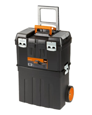 Verktygslåda på hjul Bahco 4750PTBW47 44x24x63cm är en svart hjulförsedd verktygslåda med ett infällbart silverhandtag och orange accenter. Den har två spärrar på det övre facket, medan den nedre delen är utrustad med hjul för enkel rörlighet. Verktygslådan har en robust och kompakt design.