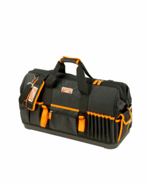 En svart och orange verktygsväska med handtag och flera fack. Den har Bahcos logotyp och har en robust design som lämpar sig för att bära verktyg.