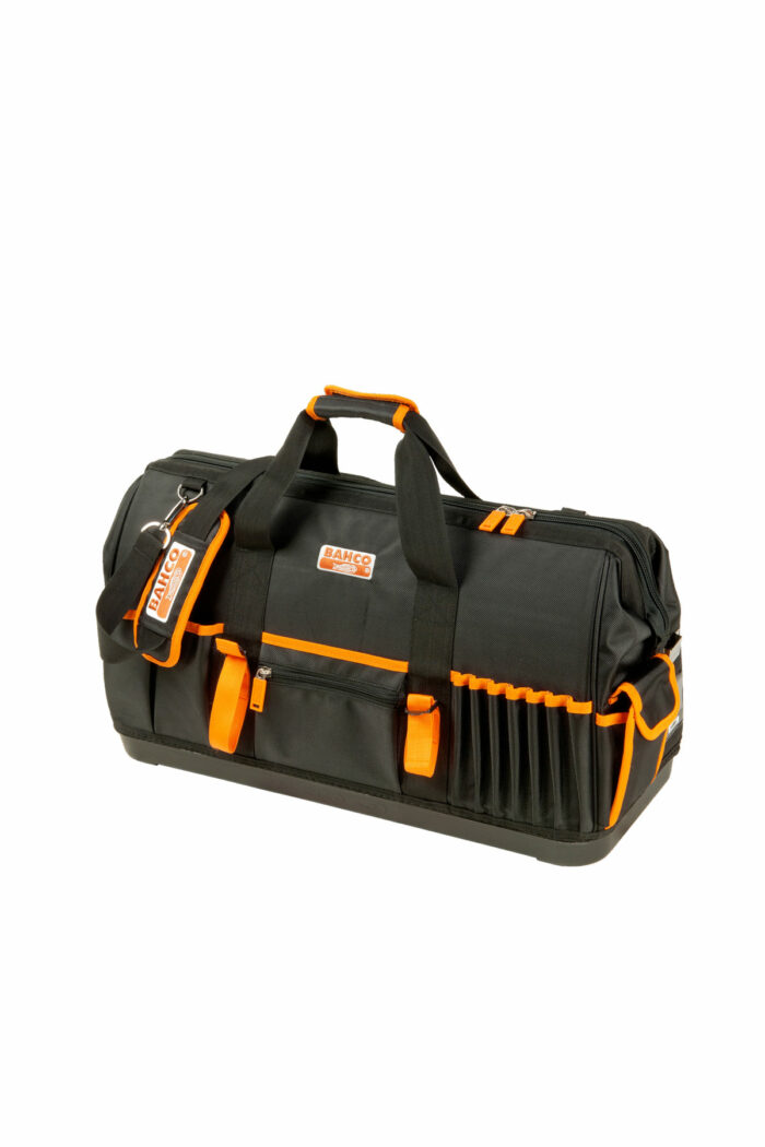 En svart och orange verktygsväska med handtag och flera fack. Den har Bahcos logotyp och har en robust design som lämpar sig för att bära verktyg.
