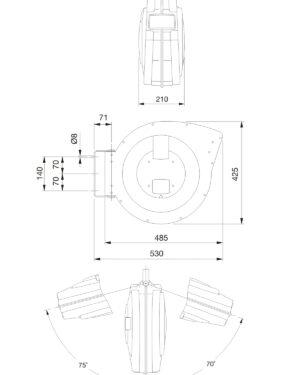 Teknisk ritning av Slangvinda BAHCO Ø13mm 15bar 1/2″ 16m BPHRC1316 mekanisk komponent som visar flera vyer. Den inkluderar sido-, topp- och frontperspektiv, med dimensioner och vinklar med mått på 210 mm, 140 mm, 425 mm, 485 mm och 530 mm, tillsammans med vinklar på 70° och 75°.