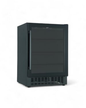 Ölkyl / Dryckeskyl 3 hyllor 135L svart, PRO, en svart dryckeskyl idealisk för din garageinstallation, kommer med en glasdörr och flera hyllor. Utställd mot en vanlig vit bakgrund.