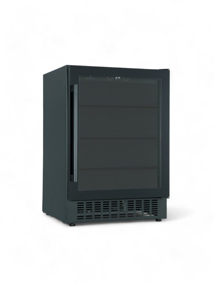 Ölkyl / Dryckeskyl 3 hyllor 135L svart, PRO, en svart dryckeskyl idealisk för din garageinstallation, kommer med en glasdörr och flera hyllor. Utställd mot en vanlig vit bakgrund.