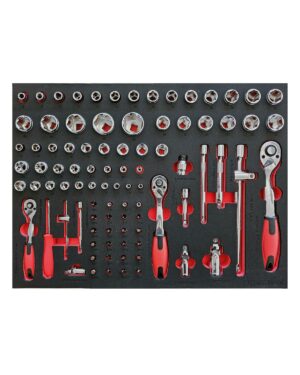 Verktygssats 176 delar är en snyggt organiserad uppsättning hylsverktyg i en skumhållare, med olika hylsor, skiftnycklar och förlängningar med röda och svarta handtag.
