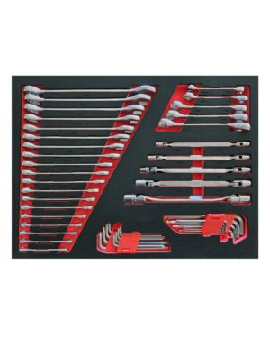 Verktygssats 176 delar erbjuder en snyggt arrangerad uppsättning skiftnycklar och hylsverktyg på en svart bricka med röda urskärningar. Den innehåller olika storlekar och typer, såsom kombinationsnycklar och spärrnycklar, allt organiserat för enkel åtkomst och förvaring.