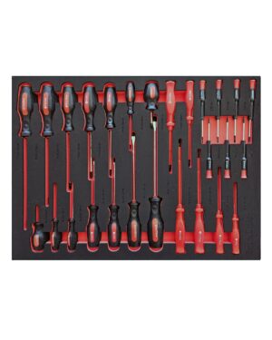 Verktygssats 176 delar är noggrant arrangerade i en svart skumorganisator, som visar upp ett sortiment av svarta och röda skruvmejslar. Denna organisatör rymmer flera storlekar och typer av skruvmejslar, systematiskt anpassade för enkel åtkomst och effektiv förvaring.
