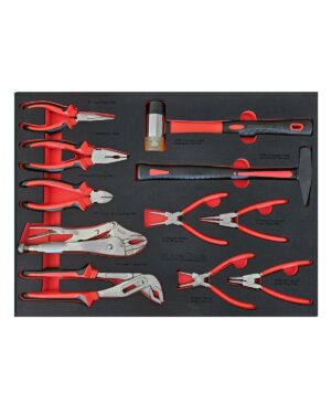 Verktygssats 176 delar har en snyggt arrangerad samling av röda och gråa handverktyg i en skumorganisator, inklusive tång, skärare, en hammare och en justerbar skiftnyckel.